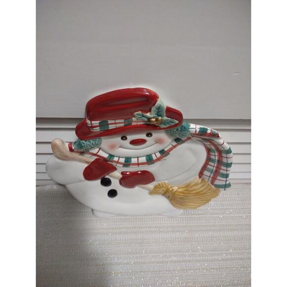Fitz & Floyd Plaid Christmas 2063/126 Snowman Canapé New In Box 9 x 9 x 1 Inches - Picture 5 of 9